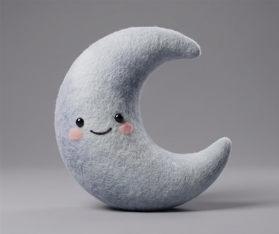 Moon, a pale blue-grey felted crescent moon with a gentle smile